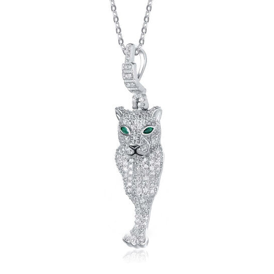 Original Megan Walford Sterling Silver Rhodium Plated Emerald Cubic Zirconia "Cheetah" Spring Ring Pendant