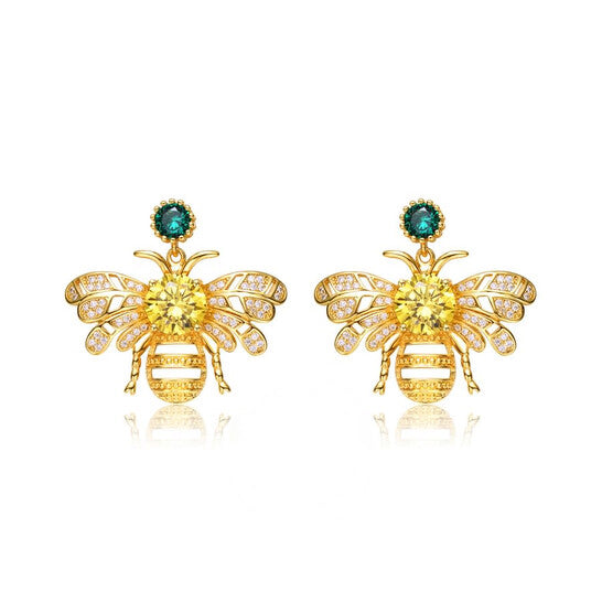 Original Megan Walford Sterling Silver14K Gold Plated Yellow Cubic Zirconia Bee Stud Butterfly Earrings