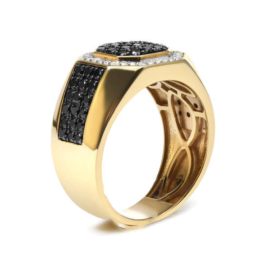 Original Men's 14K Yellow Gold Plated .925 Sterling Silver 1 1/4 Cttw White and Black Diamond Signet Style Band Ring (Black / I-J , I2-I3 Clarity)