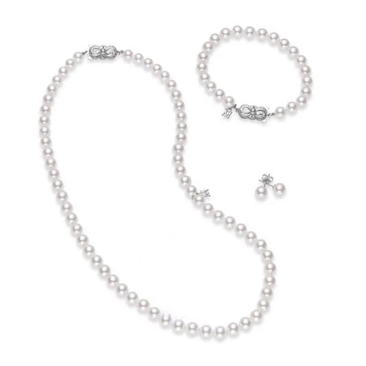 Original Mikimoto 18" Akoya Cultured Pearl Three Piece Set Â 18K White Gold Clasp Box Set