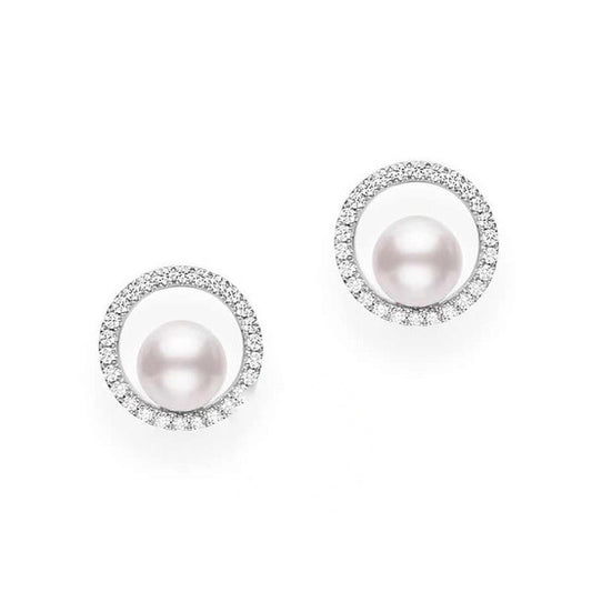 Original Mikimoto 18K Diamond Pave Studs With Akoya Pearls - MEA10314ADXW