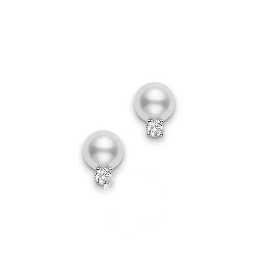 Original Mikimoto 18K White Gold 7-7.5mm Akoya Studs With Diamonds