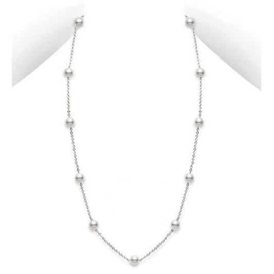 Original Mikimoto 5.5mm Akoya Pearl & 18K White Gold Station Necklace 18" - PC158LW