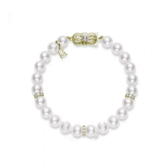 Original Mikimoto Akoya Cultured Pearl 7.5mm x 7mm 7" and Diamond Bracelet Â 18K Yellow Gold Clasp