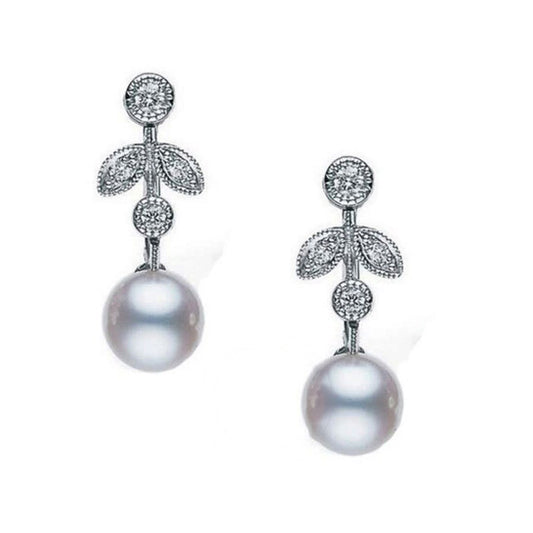 Original MIKIMOTO Akoya Pearl Drop White Gold Bezel Set Diamond Earrings - MEQ10022ADXW