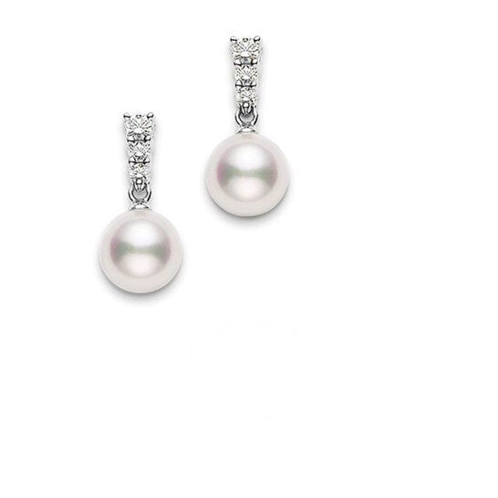 Original Mikimoto Morning Dew 8mm Akoya Pearl & Diamond Drop Earrings in 18K White Gold