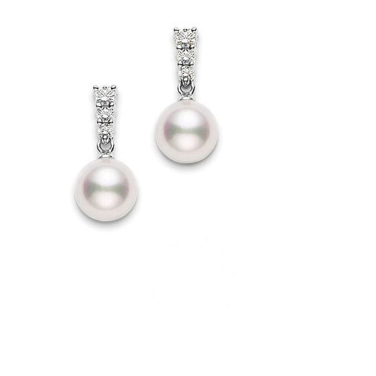 Original Mikimoto Morning Dew 8mm Akoya Pearl & Diamond Drop Earrings in 18K White Gold