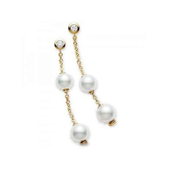 Original Mikimoto Pearls in Motion Akoya Pearl & Diamond Earrings with 18K Yellow Gold 7-7.5mm