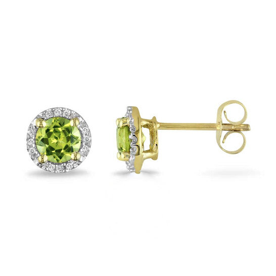 Original AMOUR Peridot Halo Earrings with Diamonds In 10K Yellow Gold