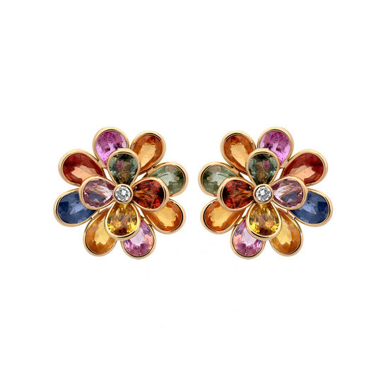 Original Pre-Owned 18K Yellow Gold Multi Sapphire & Diamond Flower Earrings