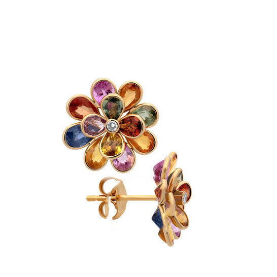 Original Pre-Owned 18K Yellow Gold Multi Sapphire & Diamond Flower Earrings