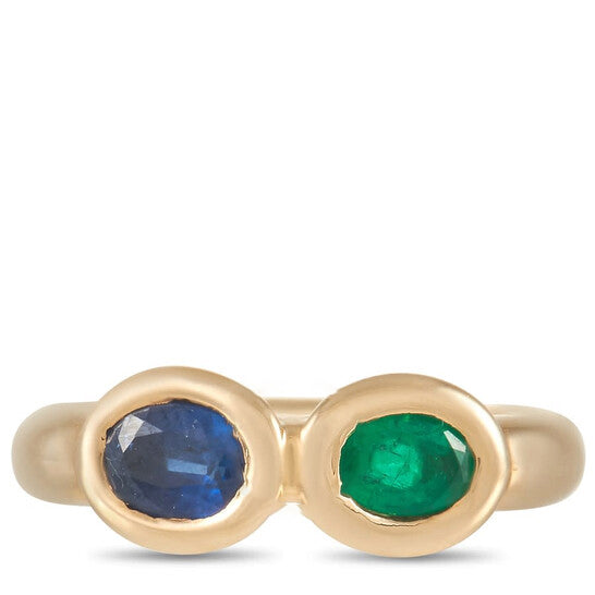 Original Pre-Owned Chaumet 18K Yellow Gold Emerald and Sapphire Ring