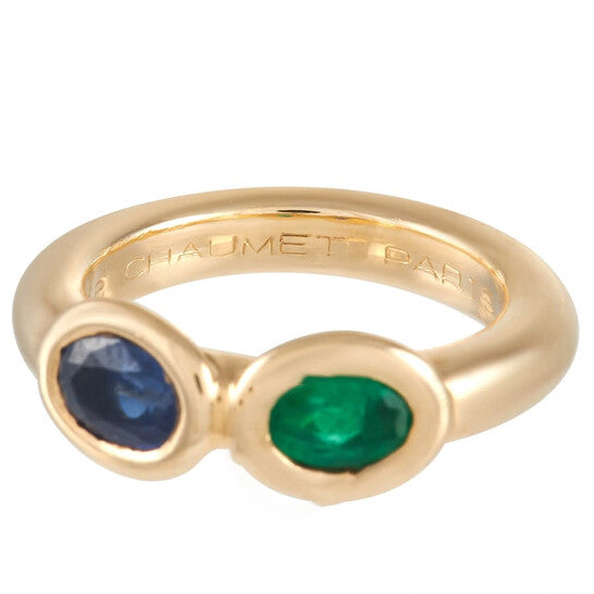 Original Pre-Owned Chaumet 18K Yellow Gold Emerald and Sapphire Ring