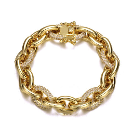 Original Rachel Glauber 14k Yellow Gold Plated with Cubic Zirconia Chunky Tubular Oval Cable Chain Bracelet