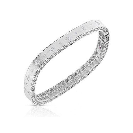 Original Roberto Coin 18K White Gold Satin Finish Bangle With Fleur De Lis Diamonds