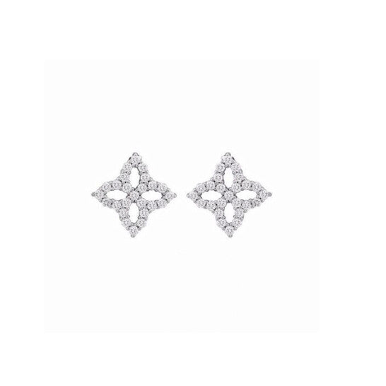 Original Roberto Coin 18K White Gold Small Princess Flower Diamond Stud Earrings Designer Sku 8882348AWERX