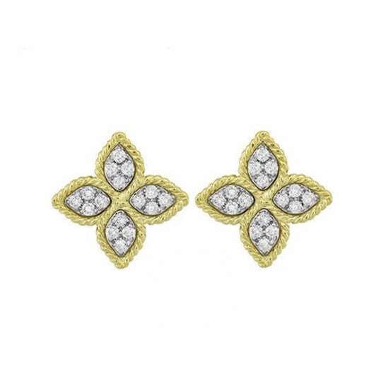 Original Roberto Coin 18K Yellow Gold Medium Diamond Princess Flower Stud Earrings