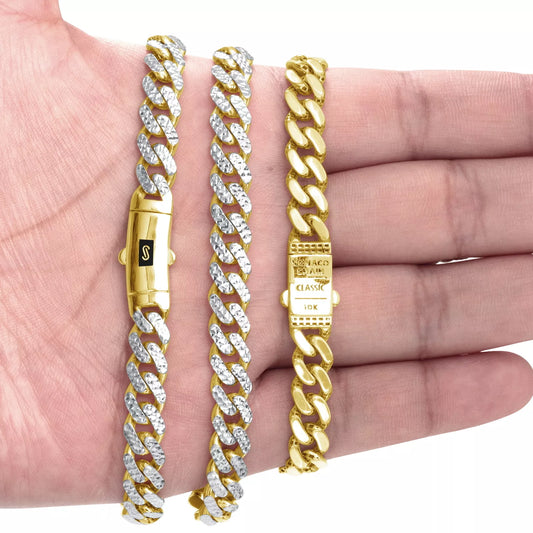 10k Yellow Gold 7.5mm Monaco Miami Cuban Link Diamond Cut Pave Chain Bracelet 8"