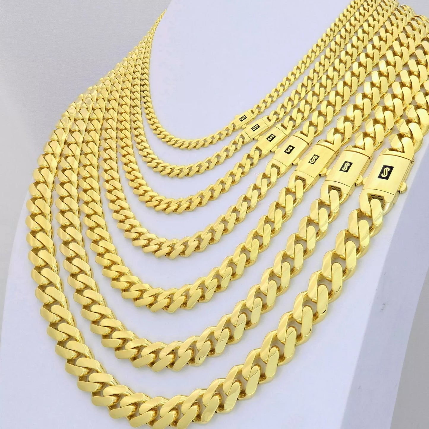 10K Yellow Gold Miami Cuban Royal Monaco Link Chain Necklace 5mm-20mm, 16"- 30"