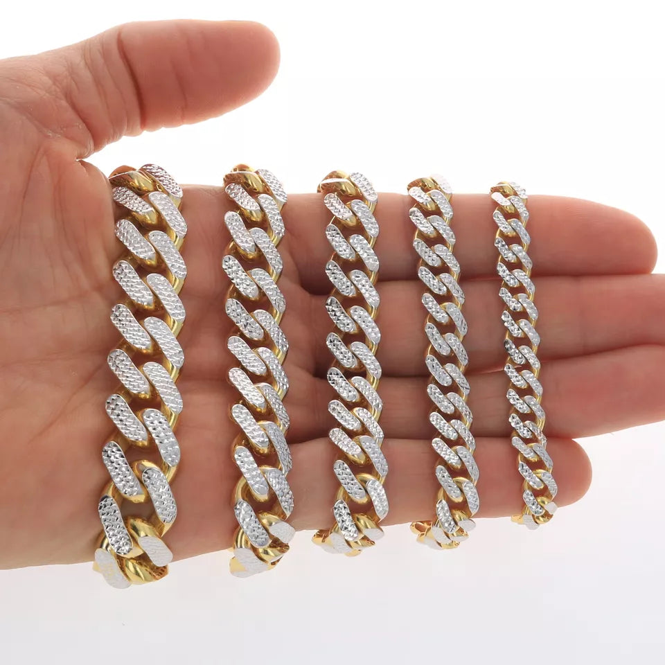 10K Yellow Gold Monaco Miami Cuban Pave Diamond Cut Chain Bracelet, 7.5mm- 17mm