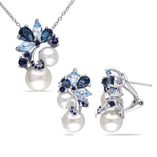 Original AMOUR 2-pc Set Of 5 3/4 CT TGW London and Sky Blue Topaz, Sapphire and Cultured Freshwater Pearl Cluster Earrings and Pendant with Chain In Sterling S