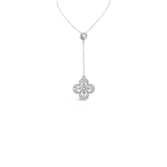 Original Tresorra 18K White Gold Clover Dangle Lariat Stlye Diamond Pendant Necklace