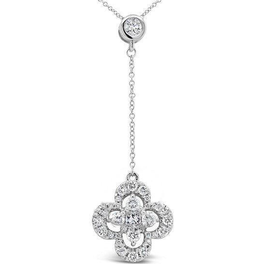 Original Tresorra 18K White Gold Clover Dangle Lariat Stlye Diamond Pendant Necklace