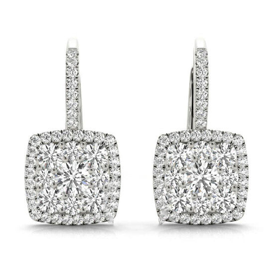 Original Tresorra 18K White Gold Cushion Halo Cluster Diamond Drop Earrings