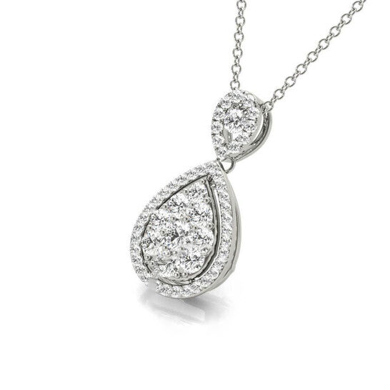 Original Tresorra 18K White Gold Double Pear Halo Cluster Diamond Pendant Necklace