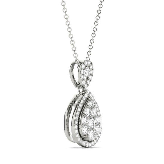 Original Tresorra 18K White Gold Double Pear Halo Cluster Diamond Pendant Necklace