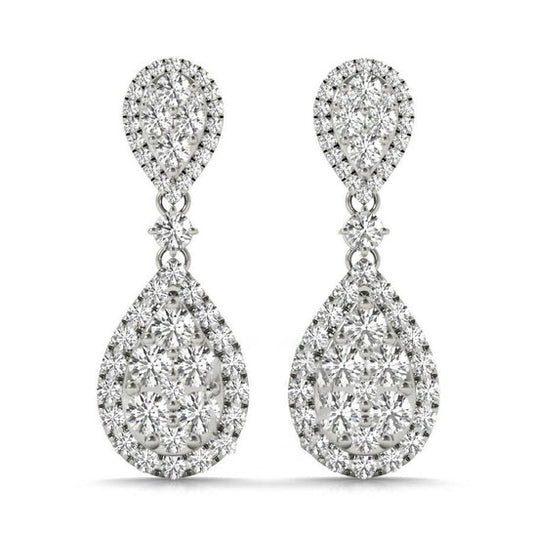 Original Tresorra 18K White Gold Double Pear Halo Diamond Cluster Drop Earrings