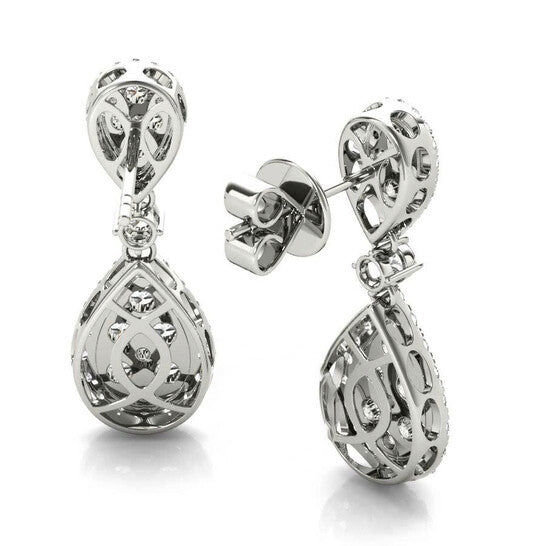 Original Tresorra 18K White Gold Double Pear Halo Diamond Cluster Drop Earrings