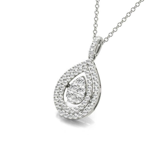 Original Tresorra 18K White Gold Float Pear Double Halo Cluster Diamond Pendant Necklace