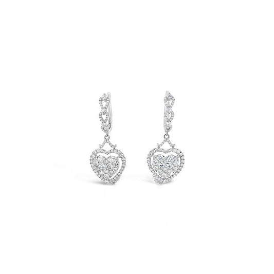 Original Tresorra 18K White Gold Floating Heart Halo Cluster Diamond Drop Earrings