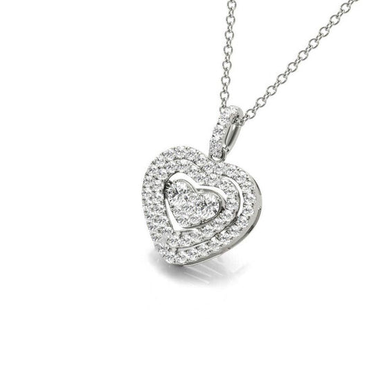 Original Tresorra 18K White Gold Mini Float Heart Double Halo Diamond Cluster Pendant Necklace