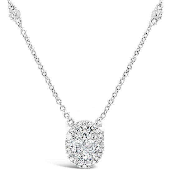 Original Tresorra 18K White Gold Oval Halo Cluster Diamond Pendant Necklace