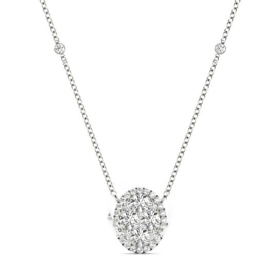 Original Tresorra 18K White Gold Oval Halo Cluster Diamond Pendant Necklace