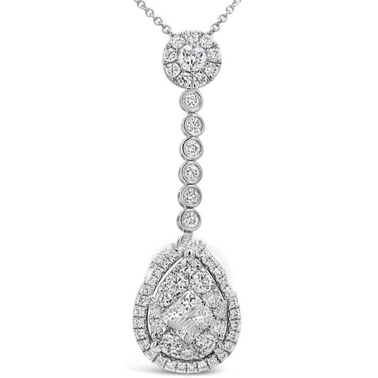 Original Tresorra 18K White Gold Pear Halo Cluster Diamond Pendant Drop Necklace