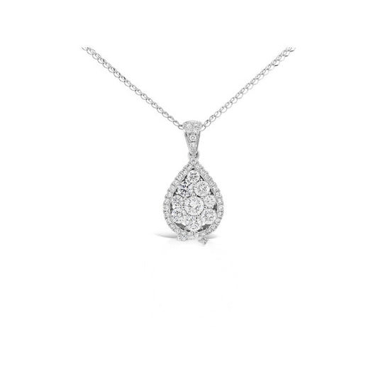 Original Tresorra 18K White Gold Pear Halo Cluster Diamond Pendant Necklace