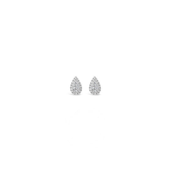 Original Tresorra 18K White Gold Pear Halo Cluster Diamond Stud Earrings