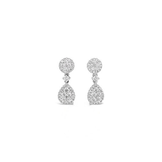 Original Tresorra 18K White Gold Round and Pear Halo Diamond Drop Earrings