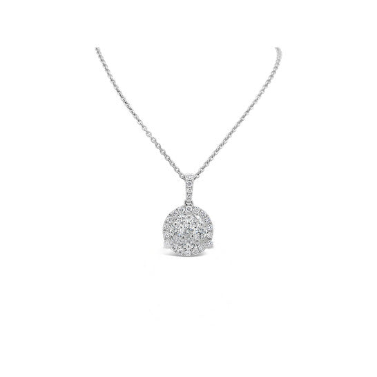 Original Tresorra 18K White Gold Round Halo Cluster Diamond Pendant Necklace