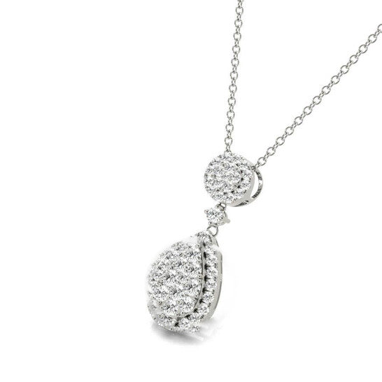 Original Tresorra 18K White Gold Round Pear Halo Cluster Diamond Pendant Necklace