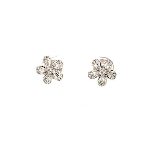 Original Tresorra 18K White Gold Tapered Baguette Flower Illusion Diamond Stud Earrings