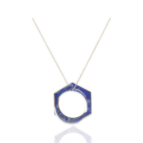 Original Tresorra 18K Yellow Gold Hexagon Lapis Ring/NecklaceRing Size: 5.75Length: 16 inches