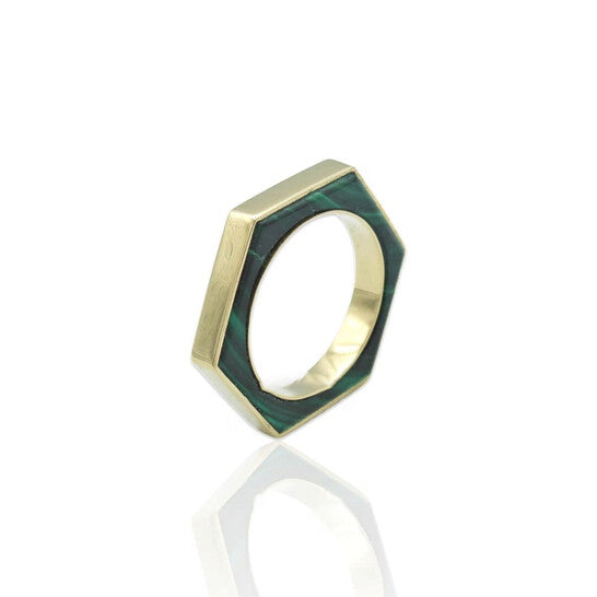 Original Tresorra 18K Yellow Gold Hexagon Malachite Ring/NecklaceRing Size: 5.75Length: 16 inches