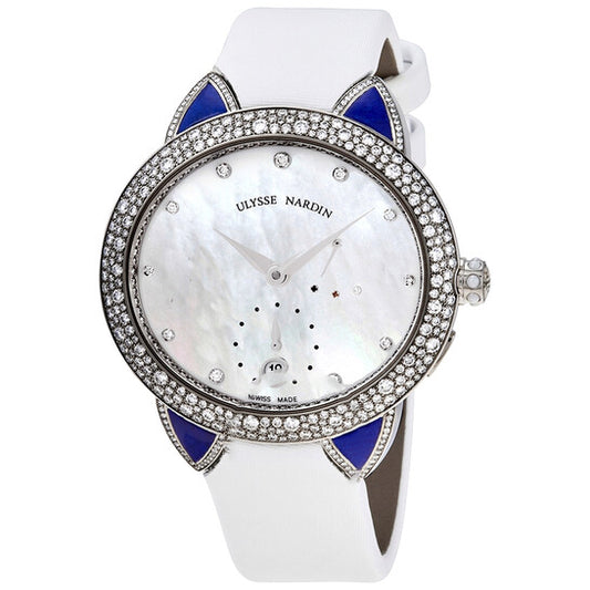 Original Ulysse Nardin Jade 18kt White Gold Mother of Pearl Diamond Dial Automatic Ladies White Satin Watch 3100-125BCLL/991