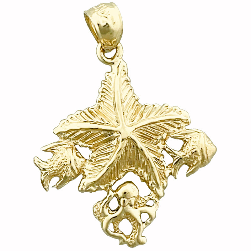 14K Gold Starfish with Octopus and Fish Accent Pendant