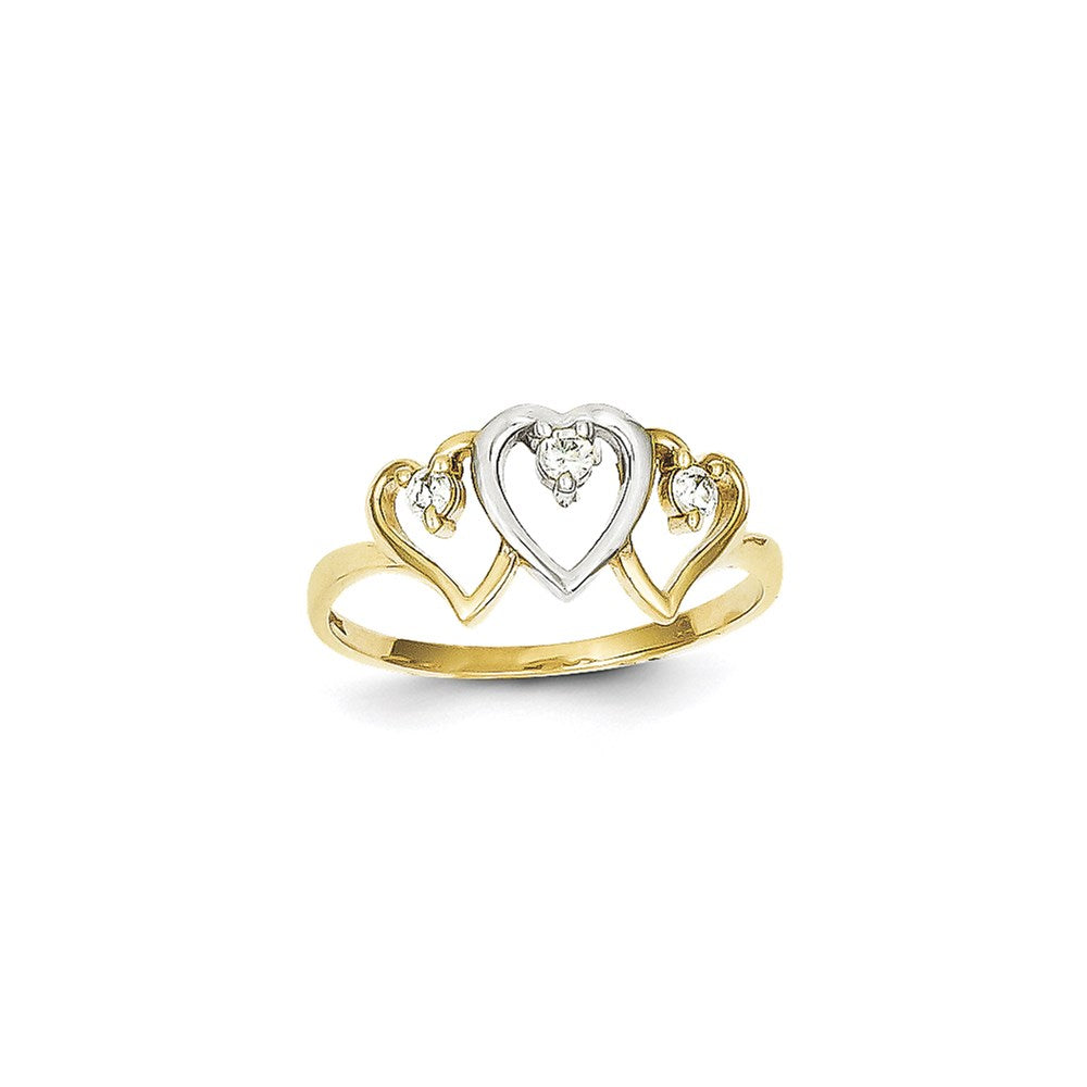 10K Yellow Gold & Rhodium Triple Heart CZ Ring