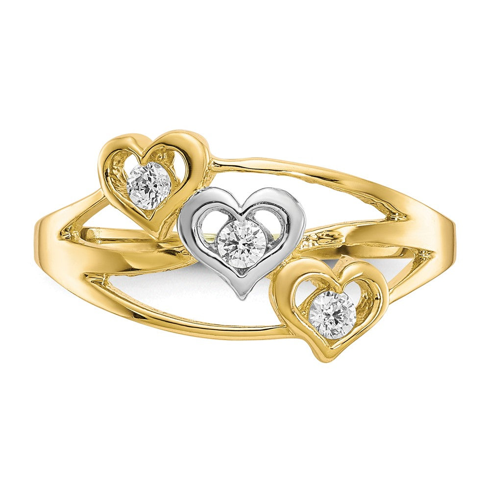 10K Yellow Gold w/Rhodium Triple Heart CZ Ring